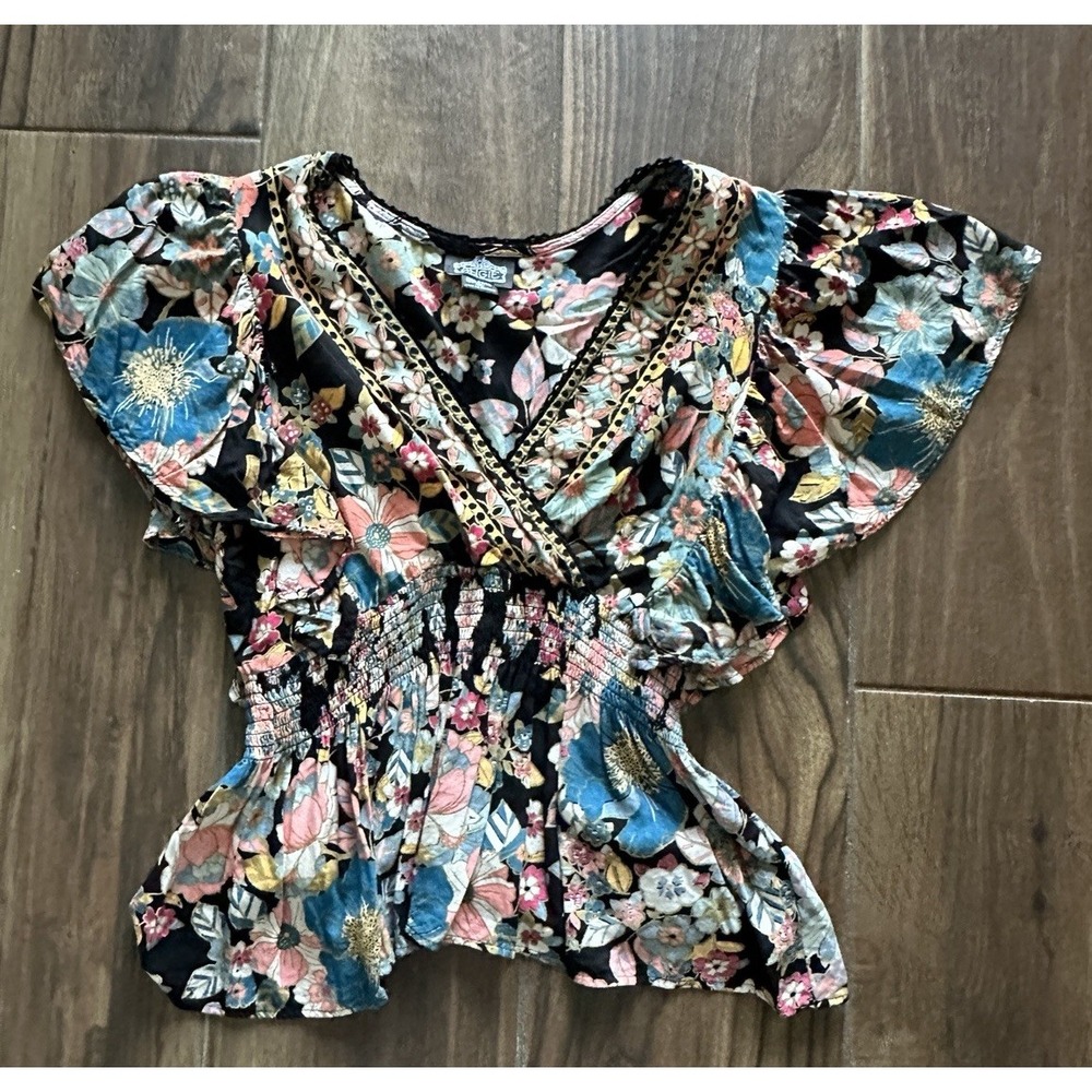Angie Floral Smocked Waist Surplice Top Black Boho Flutter Sleeve Rayon Medium
